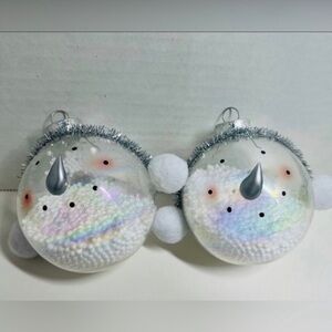 VINTAGE GLASS SNOWMAN’S FACE CHRISTMAS TREE ORNAMENTS (SET OF 2) MINT CONDITION